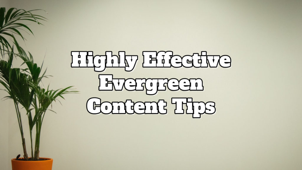 A photo of a wall with a plant and text-overlay that states "Highly Effective Evergreen Content Tips"